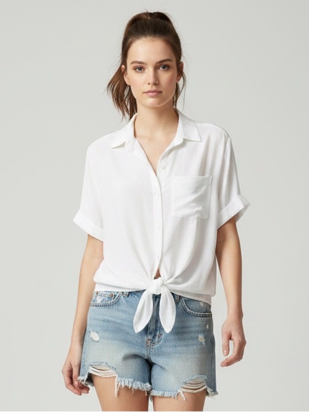 Beachlunchlounge | White Dolman Sleeve Tie Front Top M